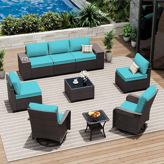 9 Pieces Patio Furniture Set with 2 Swivel Chairs Patio Furniture Outdoor Sectional Sofas Outdoor Patio Conversation Set - Teal