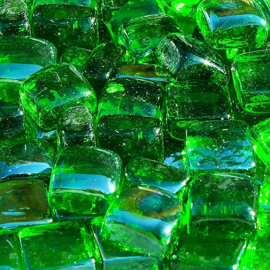 Reflective Fire Pit Glass Cubes - Professional Grade Fire Glass for Fire Pit - 1" Firepit Glass Rock - Glass Stones - Gas & Propane Fire Pit & Fireplace Glass (10 Pound, Green)