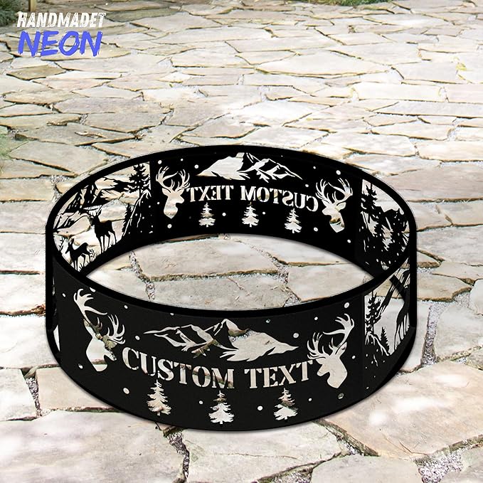 Personalized Deer Fire Pit Ring 360 Degree, Outdoor Fireplace, Custom Text Fire Pits for Outside Wood Burning, Patio Firepit, Camping Bonfire Firepits, BBQ Backyard Garden Decor