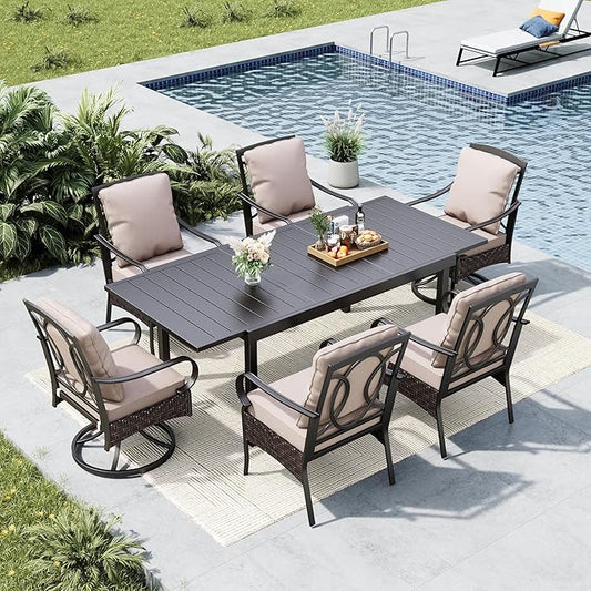 MFSTUDIO Outdoor Dining Sets for 6, Expandable Patio Table and Chairs Set, Patio Metal Rectangular Table & Swivel and Leg Chairs, Heavy Duty All Weather Dining Furniture for Deck, Backyard