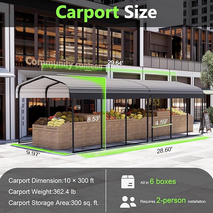 Royal Windsor Metal Carport 10x30 FT for 2 Car, Heavy Duty Carport Kit with Galvanized Steel Roof Building and Frame, Outdoor Storage Car Port Steel Canopy Multi-Use Garage Shed,Boats and Truck