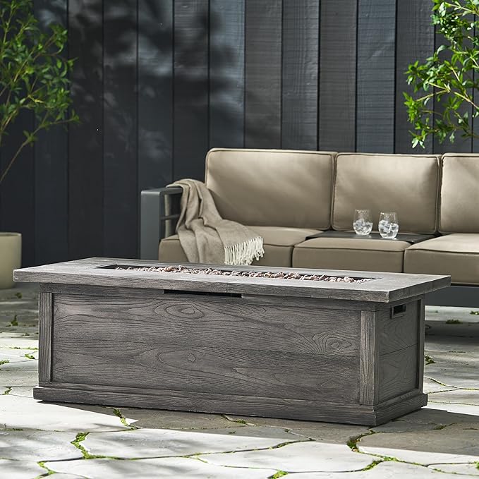 Outdoor Propane Fire Pit Table for Outside Patio, 56 Inch Concrete Fire Pit Table, Rectangle Gas Fire Pit for Garden, Pool, Backyard, 50,000 BTU, Free Lava Rocks, Gray Wood Pattern