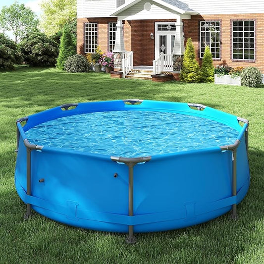 GYMAX 10ft x 30in Metal Frame Above Ground Swimming Pool, Outdoor Backyard Famliy Pool Set with Puncture-Resistant Fabric, Drainage Valve Connector for Kids & Adults (10' x 30", Round, Blue)