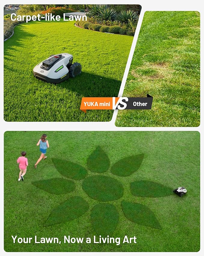 Mammotion YUKA Mini 500H Robotic Lawn Mower Reception 0.12 Acre,Max. 0.25 Acre, Ultrasense AI Vision+ RTK Positioning, Auto Mapping, App Control, 50% Slope, Cutting Height 2''~3.5'', 15 Mowing Zones