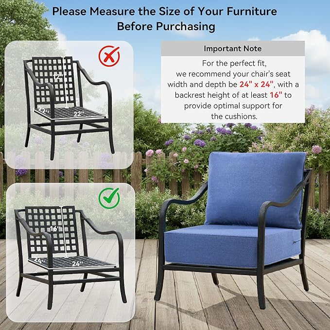 6" Thick Outdoor Cushions 24x24x6, 2-Set Deep Seat Patio Cushions with Removable Cover, Waterproof & Fade Resistant Replacement for Wicker Chair, Loveseat, Sofa - Blue