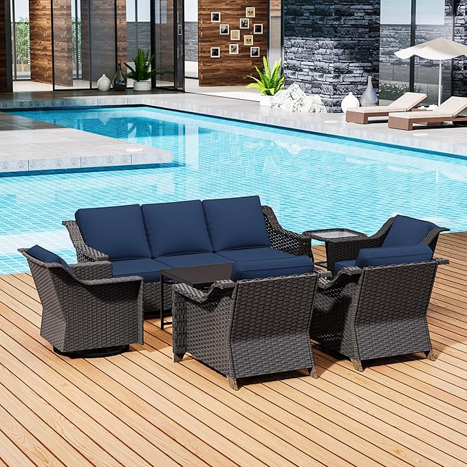 7 Pieces Outdoor Conversation Furniture Set - 77" Patio Sofa, 2 Armchairs, 2 Swivel Glider Chairs, 1 Side Table, 1 Metal Table, Wicker Couch with Washable Cushions for Porch (Navy Blue)