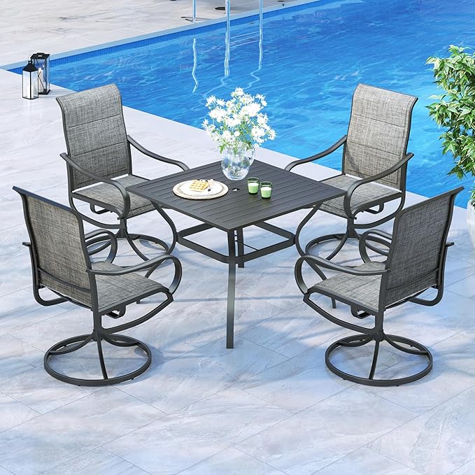 MFSTUDIO Outdoor Dining Set for 4, Patio Table and Chairs Set for Deck Backyard Poolside Garden, 5 Piece Patio Dining Set with Umbrella Hole