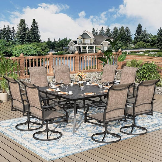 9 Pieces Patio Dining Set, Outdoor Table and Chairs, 8 x Textilene Swivel Dining Chairs and 60" Square Outdoor Dining Table, for Cozy Garden Settings, Grayish Brown