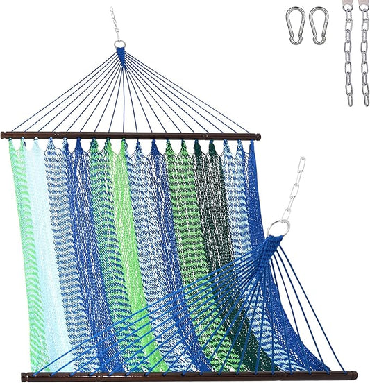 Lazy Daze Hammocks 10.5 FT Double 2 Person Caribbean Rope Hammock, Hand Woven Polyester Hammock with Spreader Bars, for Outside Outdoor Backyard Patio Poolside, 450 LBS Capacity, Blue/Green