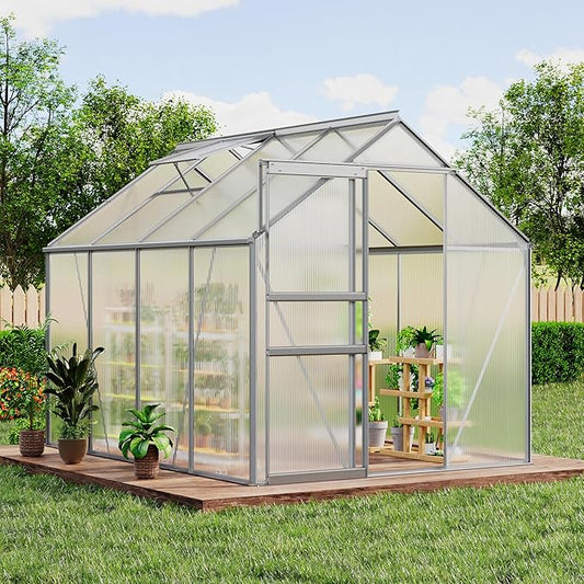 GarveeHome 6 x 8 FT Polycarbonate Greenhouse, Winter Greenhouses for Outdoors with Aluminum Frame, Sliding Door, Adjustable Roof Vent, Backyard Green Houses, Patio Garden, Silver
