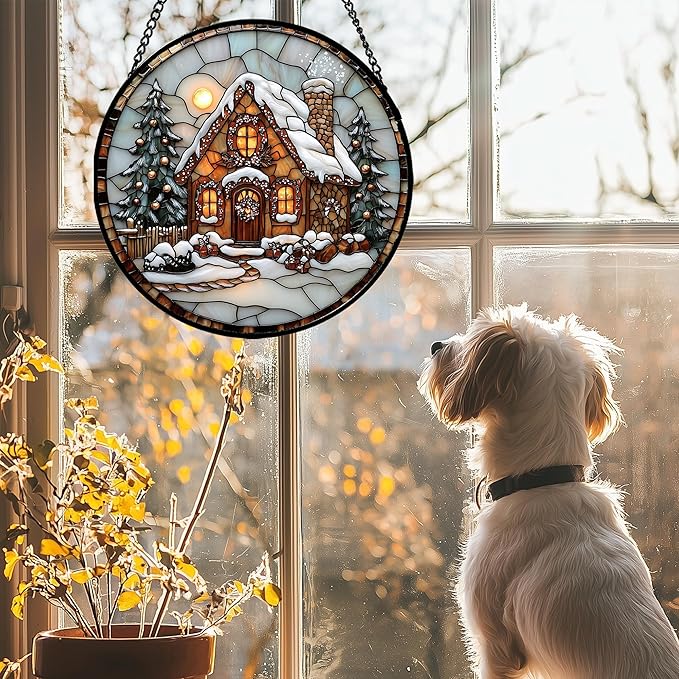 AMDERVEN Stained Glass Window Hanging - Christmas Tree Cottage Sun Catcher for Door Garden Home Winter Decor Snowy Night Suncatcher Mother's Day Birthday Gifts for Women Men Mom Nana 9.8 in