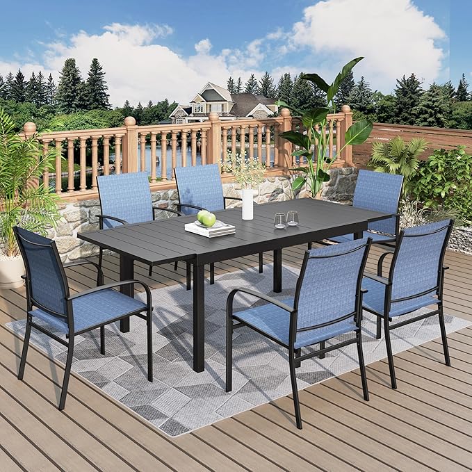 7 Pieces Patio Table and Chairs Set, Patio Dining Set for 6, 6 Textilene Chairs and 1 Expandable Rectangle Table with Umbrella Hole, for Deck Backyard Lawn Poolside, Blue