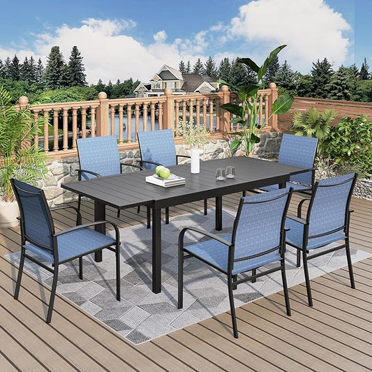 7 Pieces Patio Table and Chairs Set, Patio Dining Set for 6, 6 Textilene Chairs and 1 Expandable Rectangle Table with Umbrella Hole, for Deck Backyard Lawn Poolside, Blue