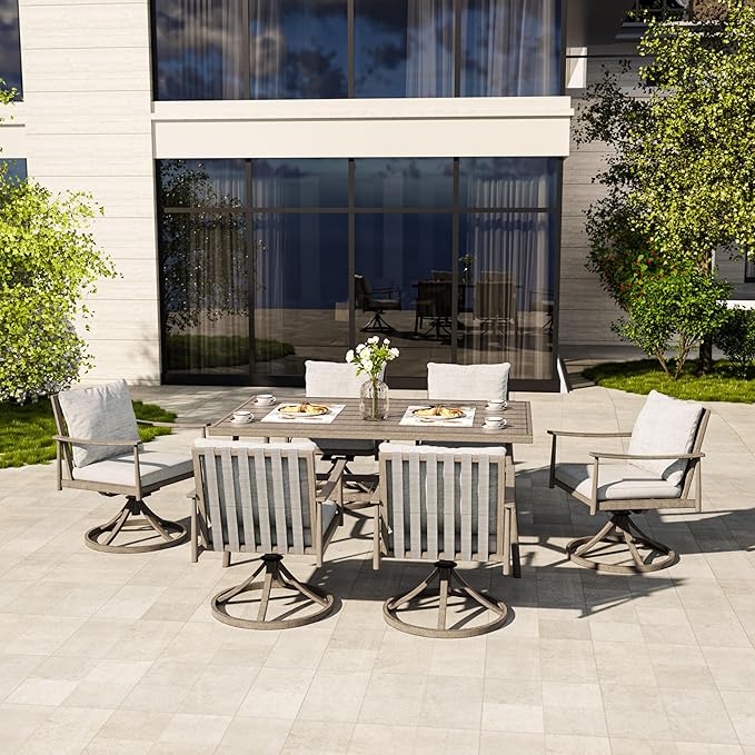 HAPPATIO 7-Piece Outdoor Dining Set for 6, Aluminum Patio Dining Set Includes 6 Swivel Dining Chairs and 1 Large Rectangular Table with Umbrella Hole, Patio Furniture Set for Lawn, Porch, Grey