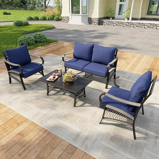 4 Pieces Patio Furniture Set, Outdoor All Weather Metal Conversation Sets with 2 Single Chairs, 1 Loveseat Sofa, 1 Coffee Table for Backyard, Garden, Deck, Blue