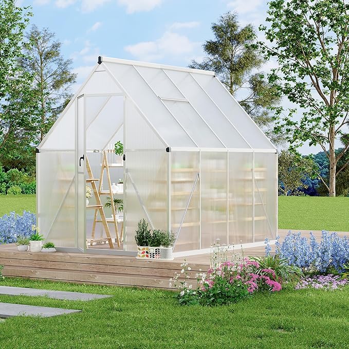 Polycarbonate Greenhouse for Outdoors, Large Walk-InGreenhouse with Quick Setup Structure and Roof Vent, Greenhouse with Ventilation