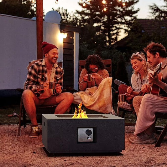 Cosiest Propane Fire Pit for Outside, 28 in Square Gas Fire Pits for Outdoor Patio, Certified, 50000 BTU Concrete Rectangle Base with Rain Cover, Free Lava Rocks