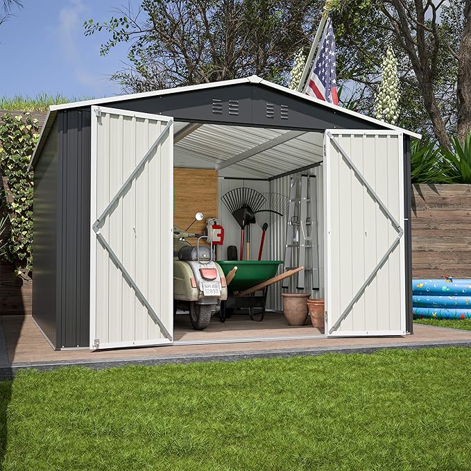 Favfurish 10 x 10 FT Outdoor Storage Shed,Heavy Duty Tool Sheds Metal Storage Garden Shed with Sloped Roof and Lockable Doors,Large Metal Storage Sheds for Backyard Patio Lawn, Black