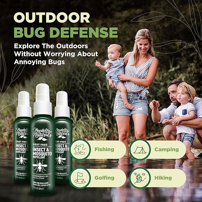 Deet-Free Insect & Mosquito Repellent Pack of 3 (2oz) – Nice Smelling Insect Repellent with Lemongrass Oil Safe for Pets and Kids – Bug Spray Against Mosquitoes, Gnats, Black Flies, and No-See-ums
