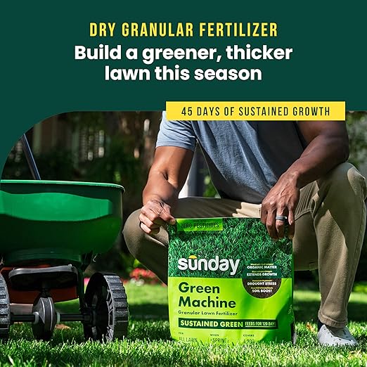 Sunday Green Machine Granular Lawn Fertilizer - 30-0-5 Mix for Up to 120 Days of Growth - Enriched with Potassium & Organic Matter for Soil Health & Extended Feeding - 12lbs - Covers Up to 4,000 Sq Ft