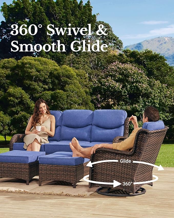 HILLGA Luxury Patio Furniture Set with 6-Inch Thick Cushions, High Back Outdoor Swivel Rocker Chairs and Patio Loveseat, 5-Piece All Weather Conversation Set for Porch Deck Pool Yard, Blue (V3)