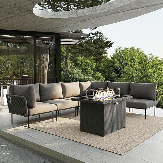 7 Piece Modern Outdoor Rope Wicker Sectional Patio L-Shaped Conversation Sofa Set Deep Seating with Fire Pit Table