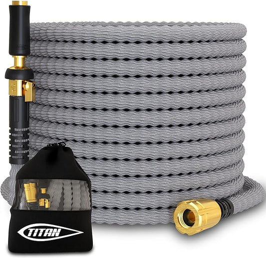 TITAN Flexible Garden Hose 10FT – Ultra Lightweight, Heavy Duty Water Hose with Brass Fittings & Jet Nozzle – Kink-Free, Non-Expanding, Durable Fabric Hose for Yard, Lawn, Car Wash, Outdoor Use