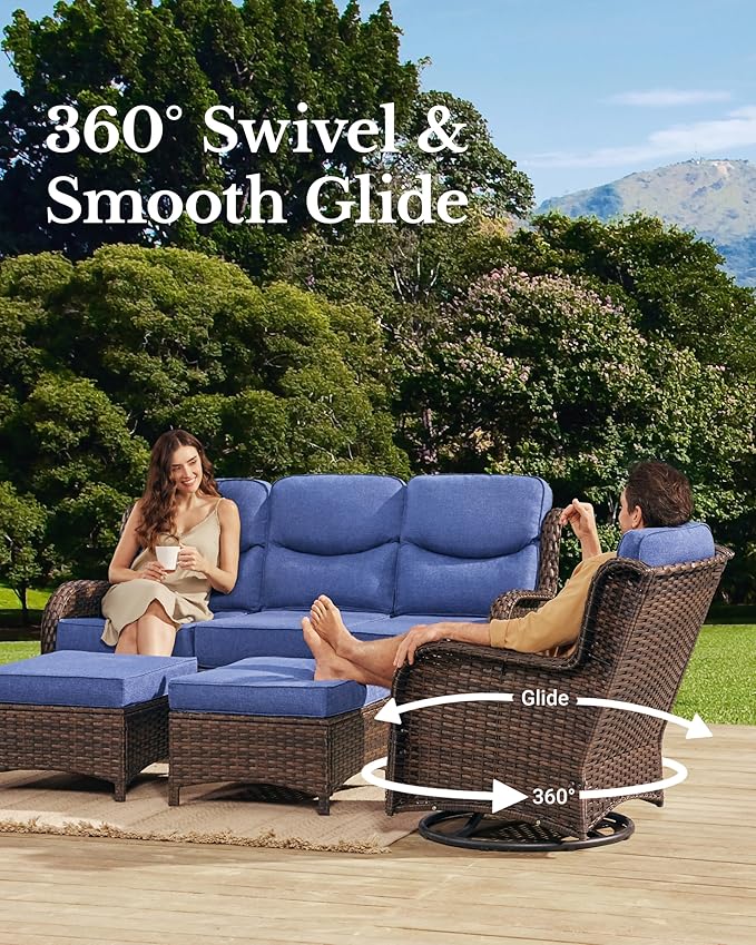 HILLGA Luxury High Back Patio Furniture Set with 6-Inch Thick Cushion, 6-Piece Outdoor Conversation Set with Sofa, Swivel Rocker Chairs & Ottomans, Ideal for Porch Pool Deck Yard (Blue)