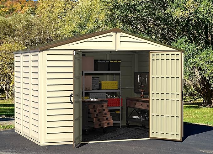 Duramax Woodbridge Plus 10.5 x 8 (8.02 m2) Plastic Garden Shed with 1 Fixed Window & Metal Foundation Kit, Strong Metal Roof Structure Fire Retardant and Maintenance-Free Storage Shed - Ivory/Brown