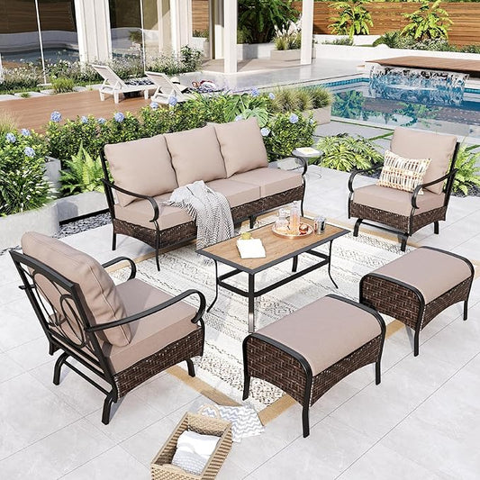GREEN PARTY Extra Large Outdoor Patio Furniture Set 6 Pieces for 7, Modern Metal Patio Conversation Sets with High Back 3-Seat Sofa, 2 Motion Chairs, 2 Ottoman, 1 Coffee Table
