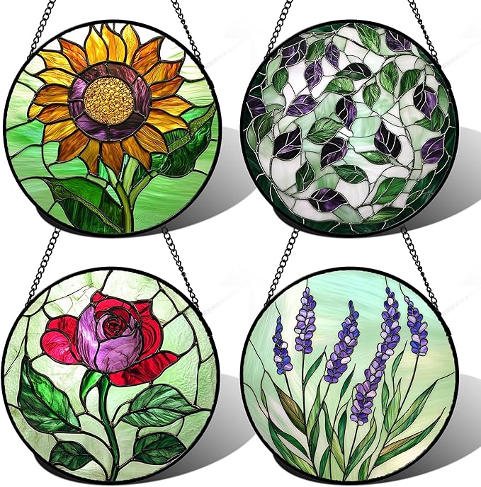 AMDERVEN Stained Glass Window Hanging 4 Pcs Set Red Roses Yellow Sunflowers Large 11.8" - Flower Suncatcher Door Garden Sun Catcher Decor Birthday Mother's Day for Mom Woman Nana Girl