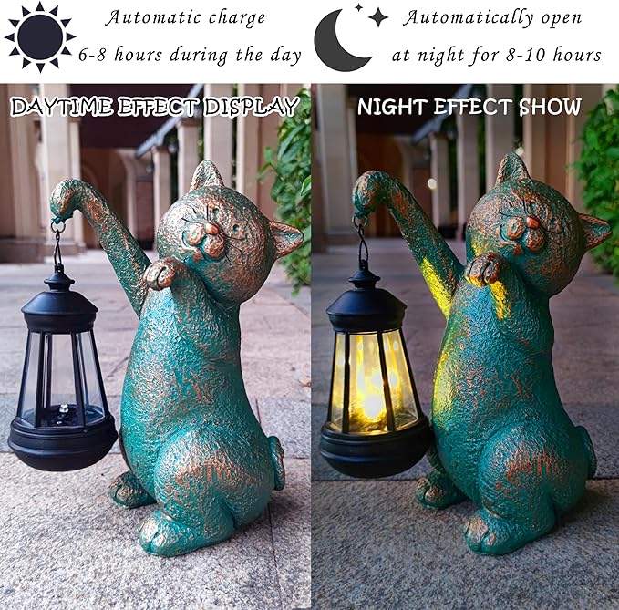 RCTTICUU Cat Garden Statue Outdoor Décor with Solar Lights Lantern,Cat Solar Light Figurines Outside Decorations for Yard，Lawn Patio, Balcony, Unique Housewarming Gifts