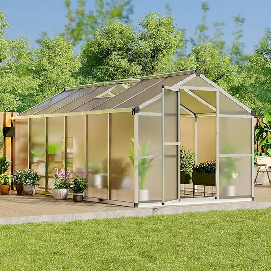 Greenhouse, 8x12 ft Greenhouse for Outdoors, Walk-in Green House with Ground Nails and Vent Windows, Sliding Lockable Door, Polycarbonate Green House for Outside Garden Backyard, Quick Setup, Silver