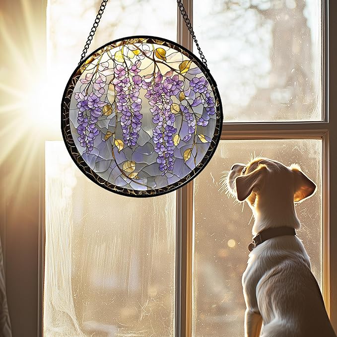 AMDERVEN Stained Glass Window Hanging - Wisteria Flower Golden Leaves Sun Catcher for Door Home Decor Plant Suncatcher Christmas Mother's Day Birthday Gifts for Women Men Lovers Mom Nana 9.8 in