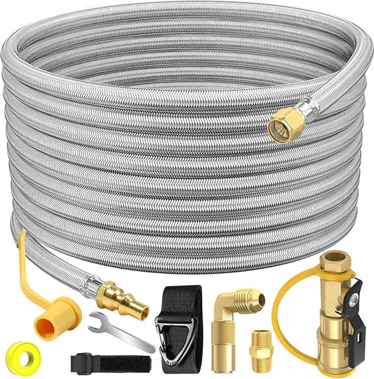 36 FT Quick Connect Propane Hose for RV to Gas Grill, RV Quick Connect with 1/4" Safety Shutoff Valve, LP Quick Disconnect Propane Hose with Elbow Adapter for Blackstone 17"/22" Griddle