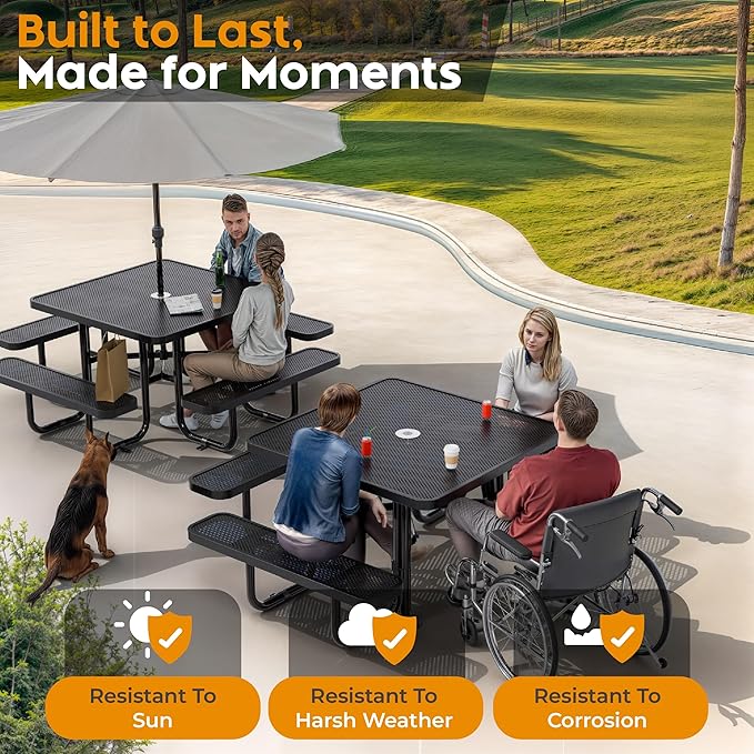 OUTTANS Metal Picnic Tables for Outdoors with Umbrella Hole - Coated Steel Heavy Duty Commercial Grade Furniture with Adjustable Seats (Black, 46 in, Square, Punched Steel)