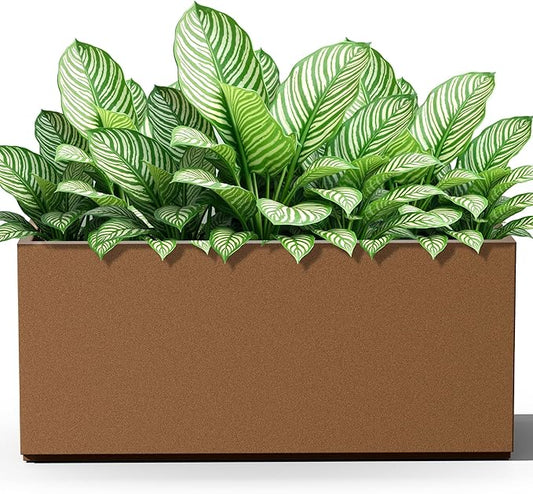 FENCY Large Metal Planter, Large Rectangular Planters for Outdoor Plants, Tall Outdoor Planters for Porch Patio, 38" L x 15" W x 16.3" H Brown Metal Planter with Drainage Hole
