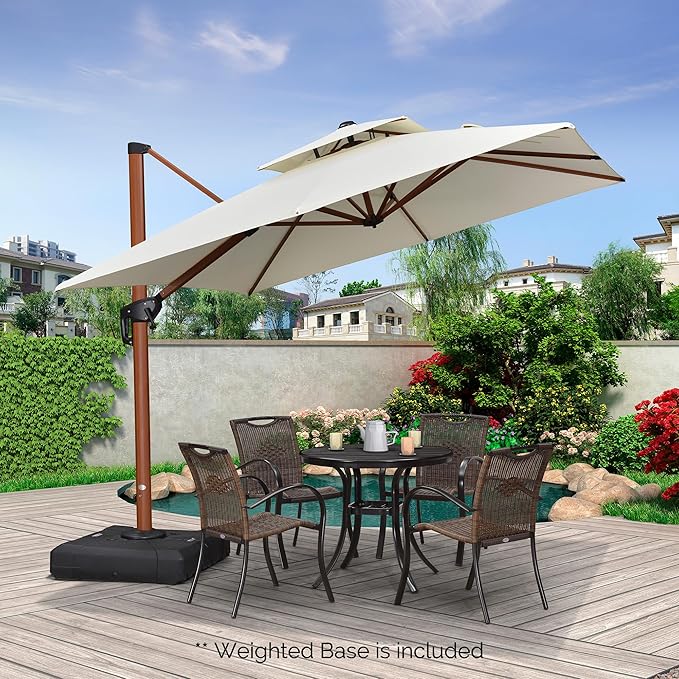 PURPLE LEAF Patio Umbrella with Base Outdoor Square Umbrellas Large Cantilever Umbrella Windproof Offset Heavy Duty Sun Umbrellas for Garden Deck Pool Patio, 9ft Cream