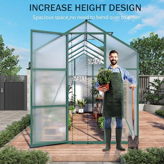 86in High 6*8.2FT Greenhouse for Outdoors, Polycarbonate Greenhouse with Stronger Wind Protection and Roof Vent, Walk-in Large Aluminum Sunroom Winter Proof, Green