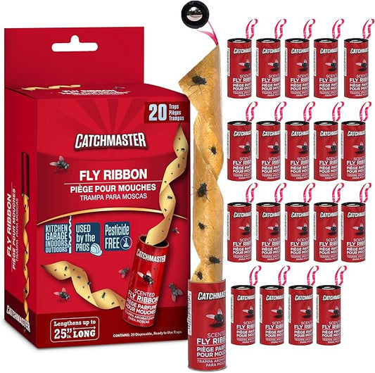 Catchmaster Fly Ribbon 20-Pack, Bug & Fruit Fly Traps Outdoor and Indoor, Premium Adhesive Sticky Strips & Gnat Hanging Strips, Bulk Scented Flying Insect Paper Rolls, Non Toxic Home Pest Control