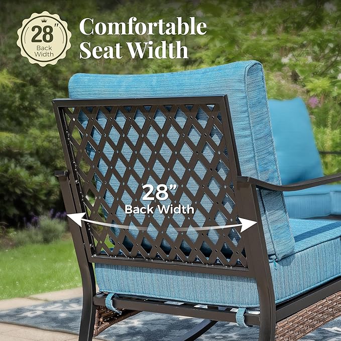 Patio Furniture Set with Firepit Table, Black Frame Outdoor Conversation Set with 2 x Rocking Chairs, 1 x 2-Seat Sofa, 1 x 3-Seat Sofa for Lawn Garden Backyard, Pacific Blue