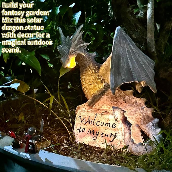 Jy.Cozy Garden Large Dragon Statue Solar Powered Outdoor Figurine Light The Dragonfire Welcome to My Turf Sign Big Resin Sculpture Home Decoration Housewarming Ornament Unique Gift