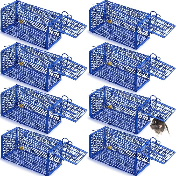 Qualirey 8 Pcs Humane Rat Trap Chipmunk Squirrel Cage Trap Foldable Rodent for Small Live Animal Voles Hamsters Catch and Release for Kitchen Yard Garage Indoors Outdoors (Blue)