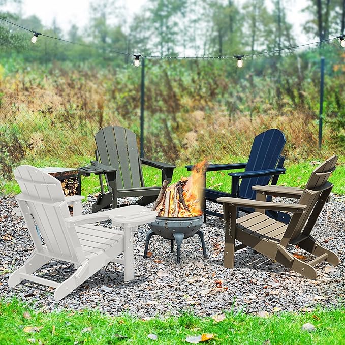 Adirondack Chair Set of 4, HDPE Folding Adirondack Chair with Multifunctional Cup Holder, Weather Resistant Fire Pit Chair for porches, patios, poolsides, Decks.