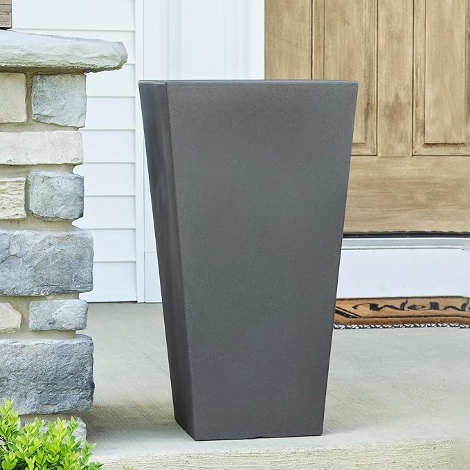 Step2 Tremont Tall Square Tapered Planter, Large Planters for Outdoor Plants, Gardening and Flower Pot for Patio or Porch, Efficient Drainage, Durable Plastic, Dark Cedar, 1-Pack