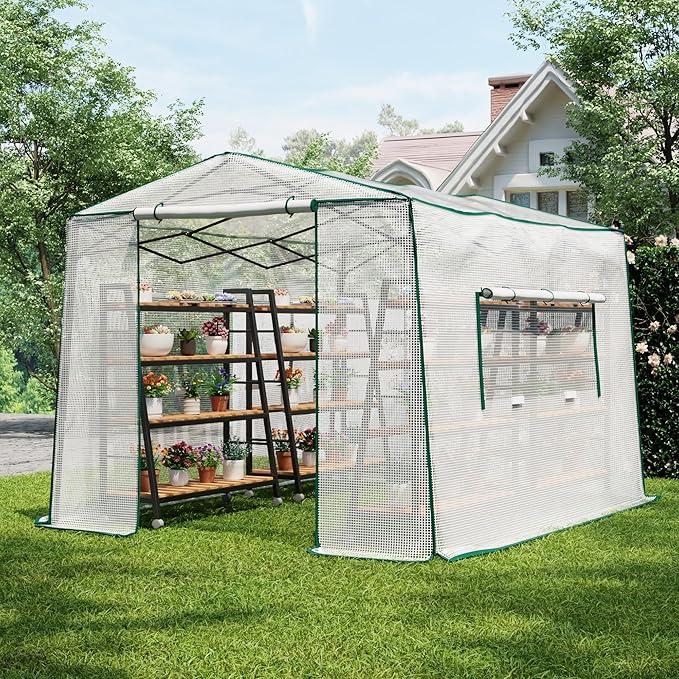 11.5x8.5x7.4 ft Walk-in Greenhouse, Portable Plant Hot House with Zipper Windows & Doors, PE Cover & Steel Frame, for Garden, Backyard