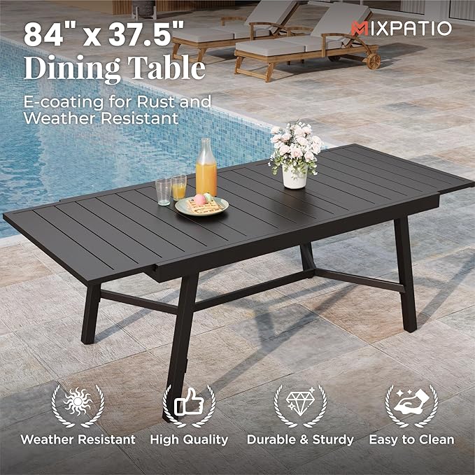 9 Pieces Patio Table and Chairs Set, Patio Dining Set for 8, 8 Red Textilene Chairs and 1 Expandable Patio Dining Table with Umbrella Hole, for Deck Backyard Lawn Poolside