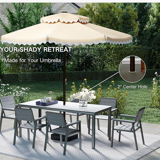 Kingdura 7 Piece Patio Dining Set for 6, HDPE Outdoor Table & Chairs with Umbrella Hole, All-Weather Outdoor Furniture Patio Conversation Set for Lawn Pool Backyard, Grey