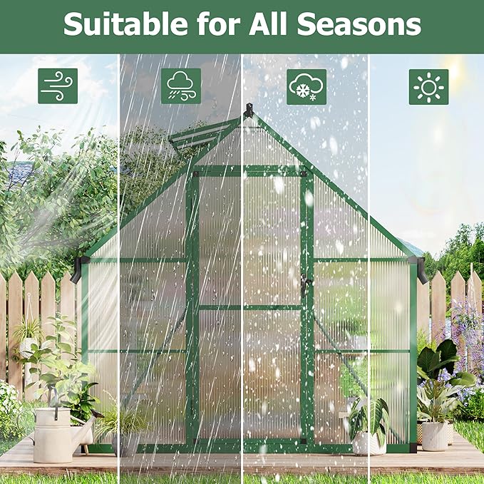 6x11 FT Outdoor Greenhouse, Polycarbonate Greenhouse with Roof Vent and Ground Nails, Aluminum Large Walk-in Green House w/ Lockable Push Door for Outside Garden Backyard (Green, 6x11 FT)