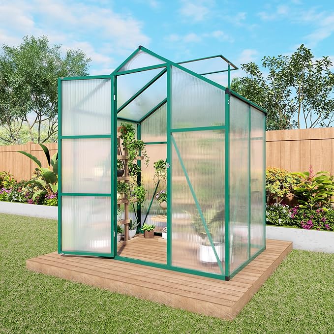 KEIKI 6x4 FT Polycarbonate Greenhouse for Outdoors, Heavy-Duty Aluminum Walk-in Greenhouse with Raised Base, Roof Vent & Drainage System, All-Season Garden Greenhouse, Green